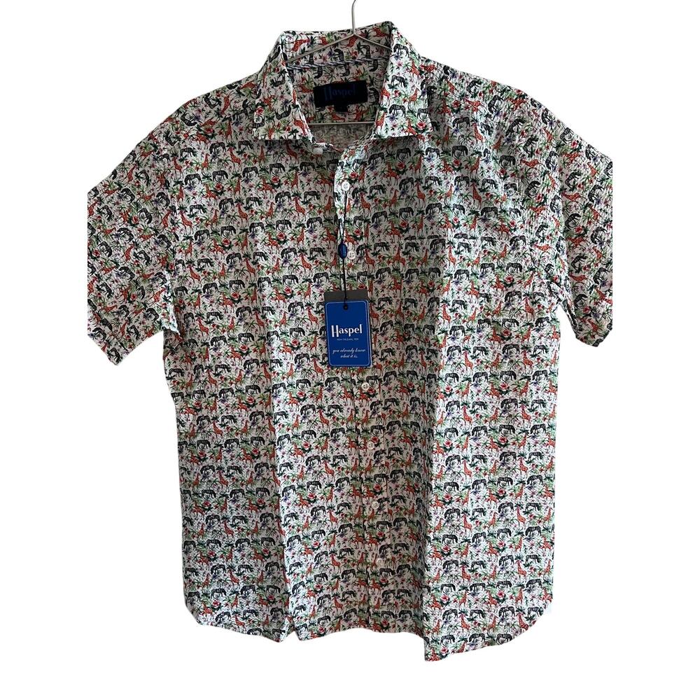 Haspel New Orleans Giraffe Zebra Safari Print Button Up Cotton Shirt NWT Large